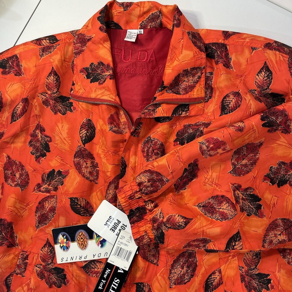 New FUDA International‎ Jacket XL Red Gold Leaf Print 100% Silk Bomber 90s Y2K